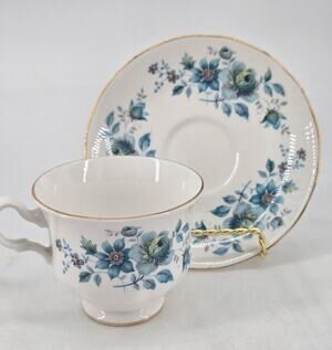 Mid Century 60s Blue Flowers Queen Anne Fine Bone China Tea Cup and Saucer